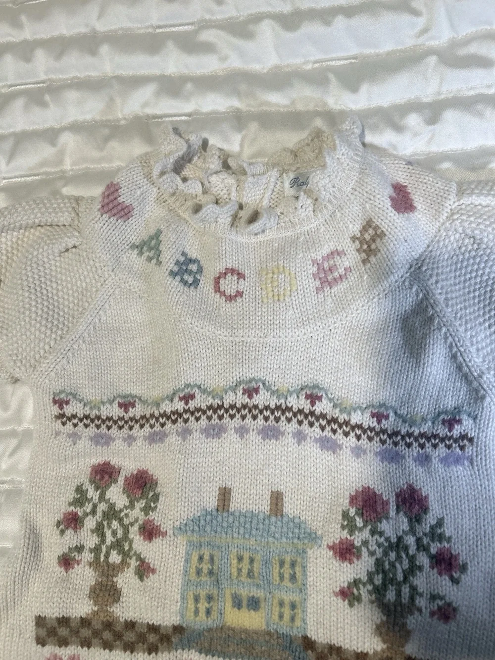 Ralph Lauren Cream Knit Baby Dress with Pastel Embroidery